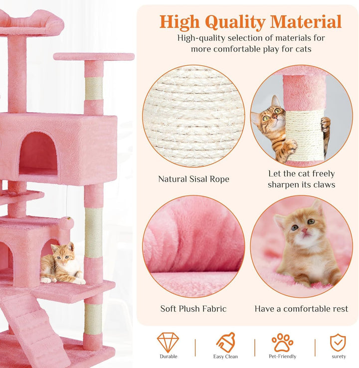 Pink cat tree with natural sisal rope and soft plush fabric