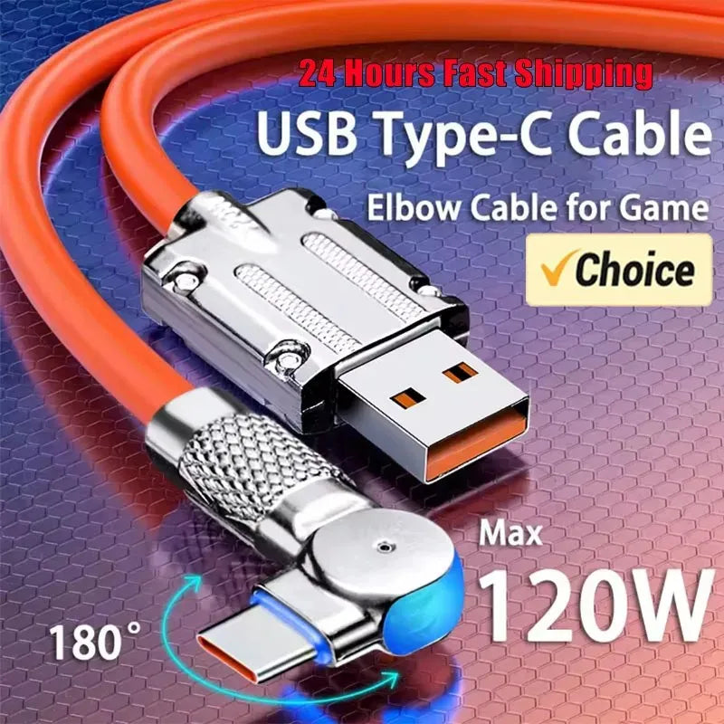 120W 7A Fast Charge USB-C Cable with 180° Rotation Elbow

