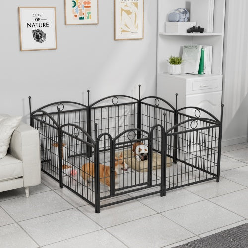 Two Dog Sitting in Black Metal Pet Pen