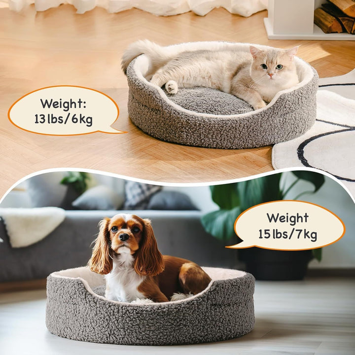 Two gray pet beds with a cat and a dog, showing weight information.
