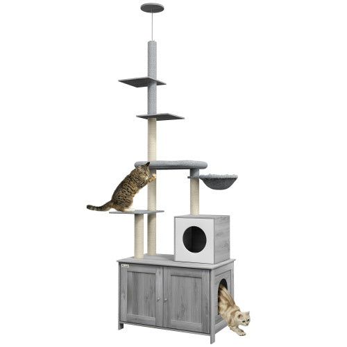 Cat tree with multiple levels and a cabinet