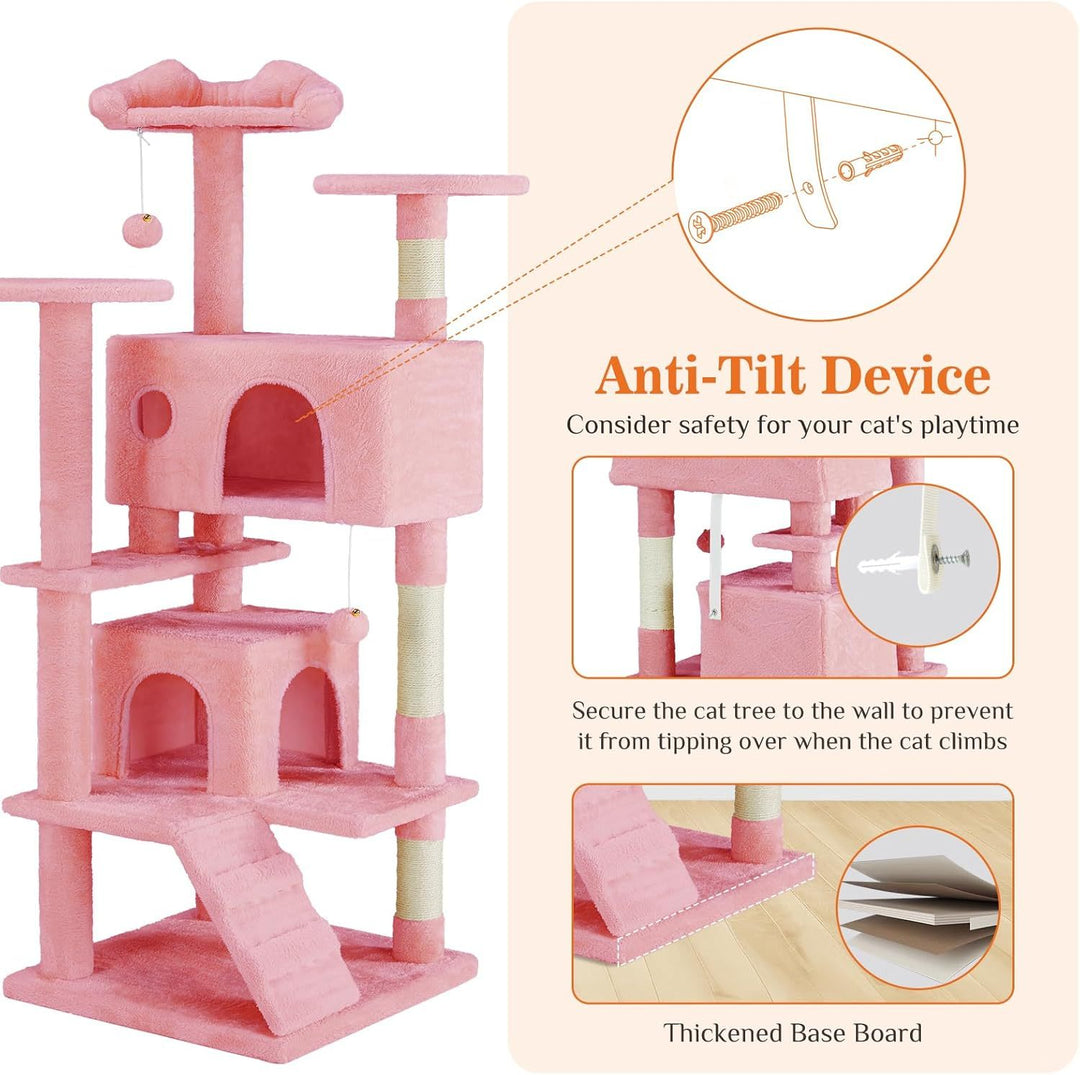 Pink cat tree with natural sisal rope and soft plush fabric