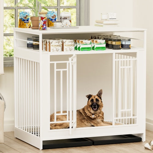 Dog in a white pet crate with pet supplies on a table