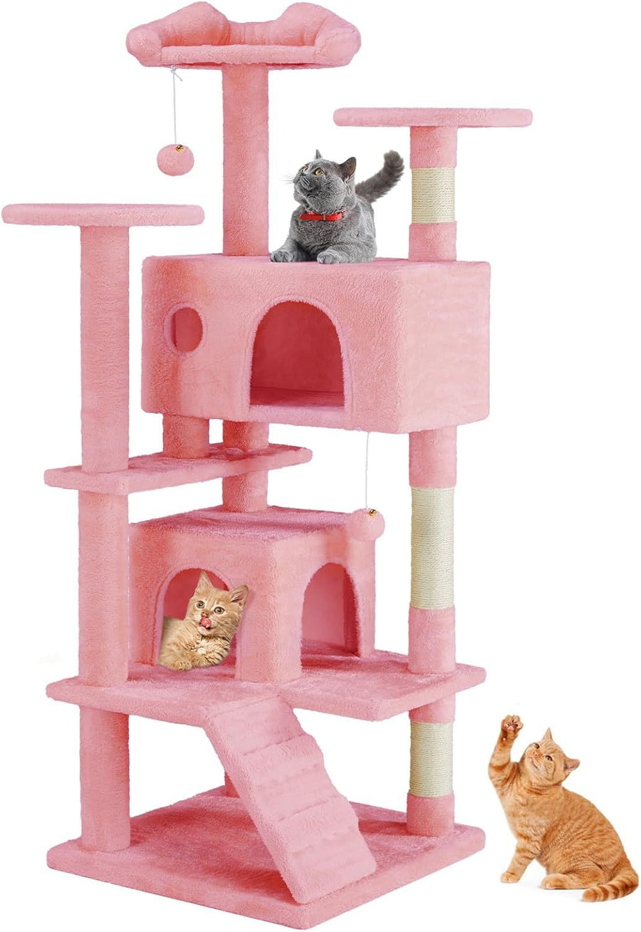 Pink multi level cat tree with cats