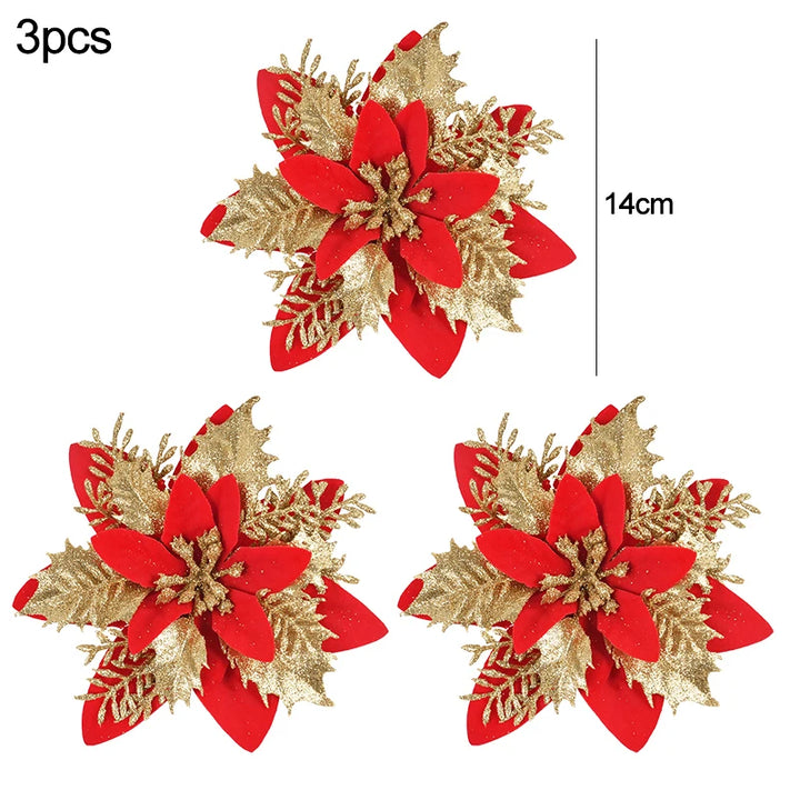 3pcs of Red gold Christmas flowers