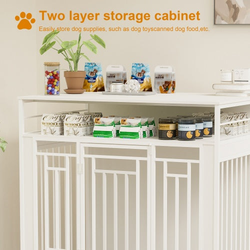 Two layer storage cabinet with dog supplies 