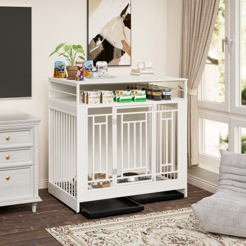 White pet crate in a room with furniture