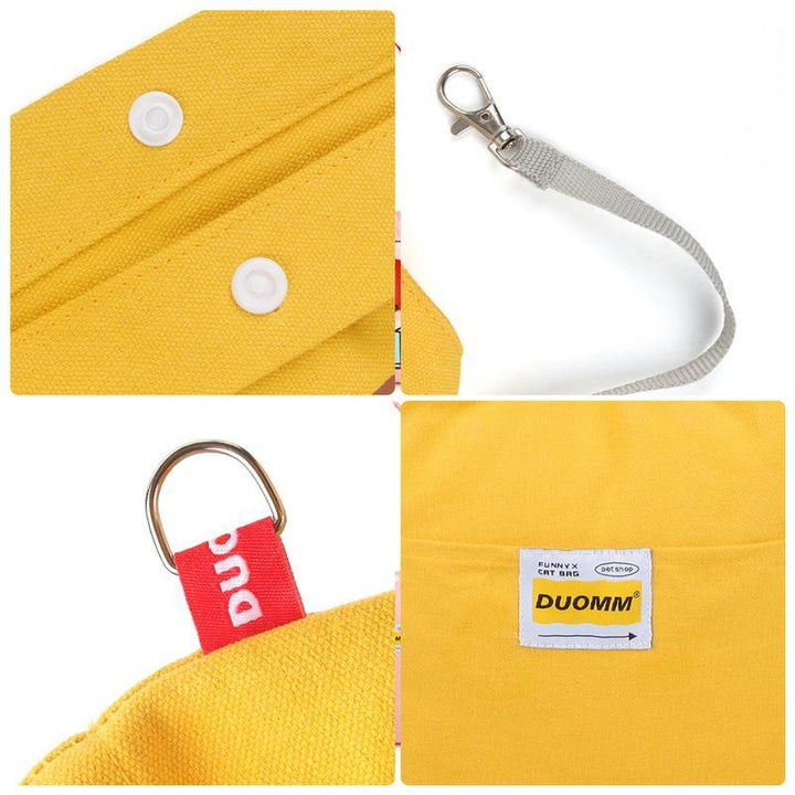 yellow canvas DUOMM cat carrier bag. 
