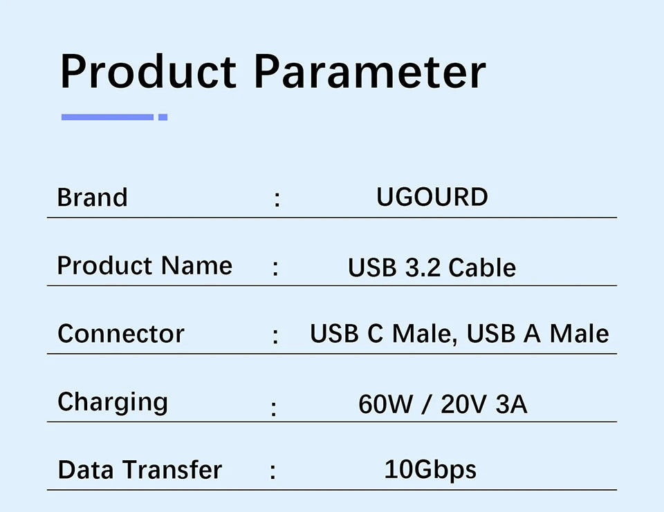 60W USB-A to USB-C Cable – SSD, Hard Drive Use product parameter

