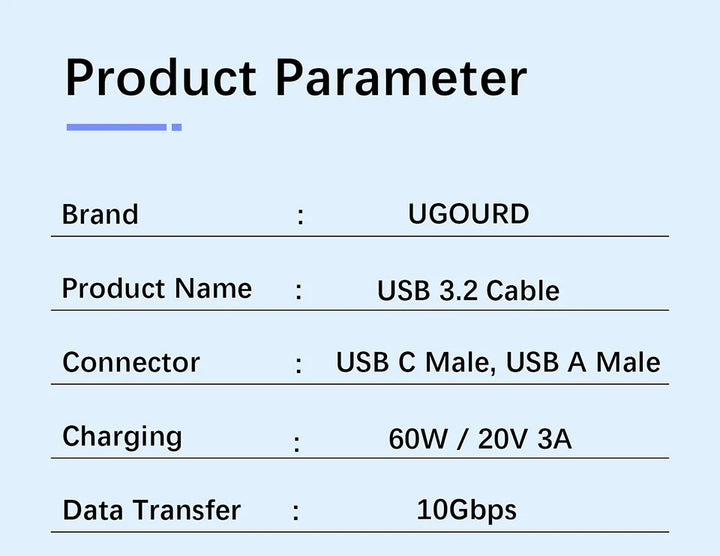 60W USB-A to USB-C Cable – SSD, Hard Drive Use product parameter


