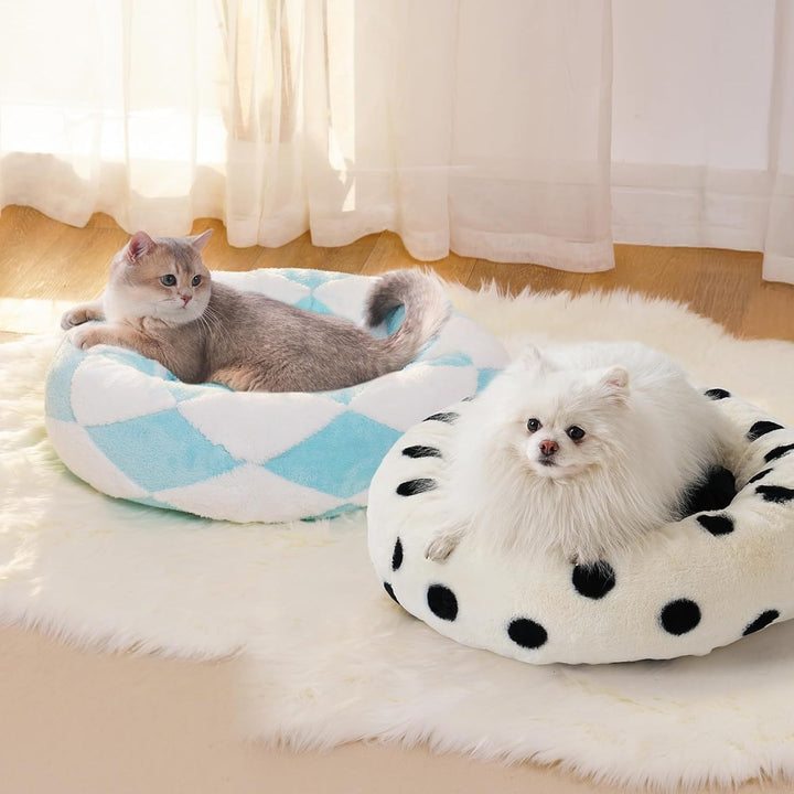 Two pets, a cat and a dog on their respective donut-shaped pet beds in a room