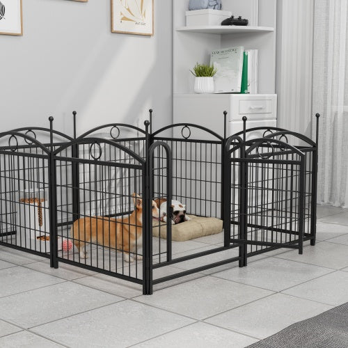 Black metal pet pen with a dog inside