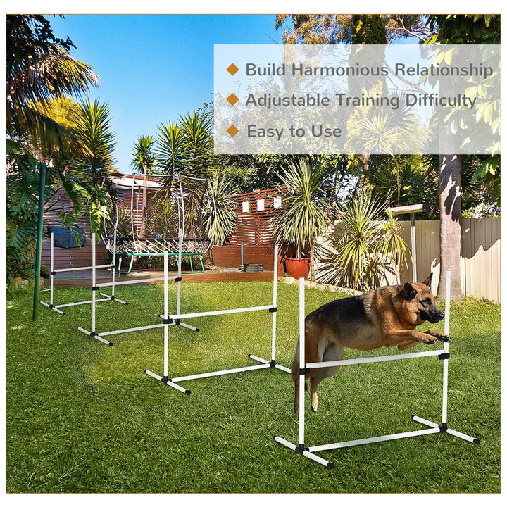 Dog agility course set up in a backyard with a dog jumping over one of the obstacles
