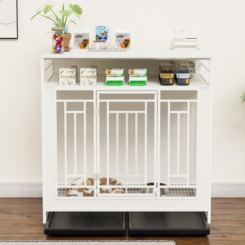 White pet crate with various items on a shelf