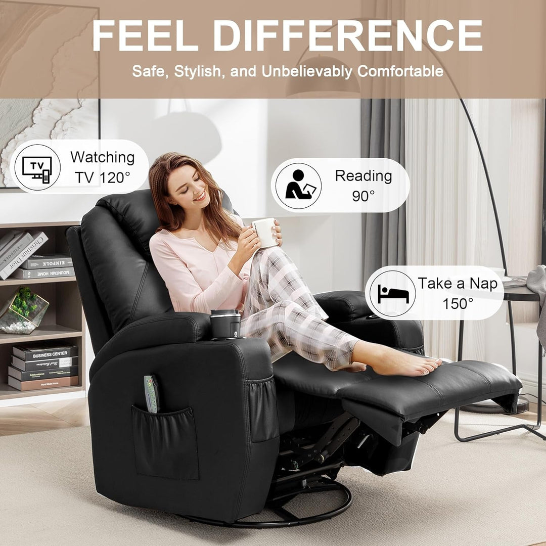 Recliner Chair, Rocking Chair with Massage and Heat, 360° Swivel