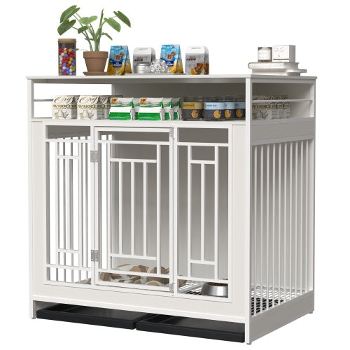 White pet crate with pet supplies