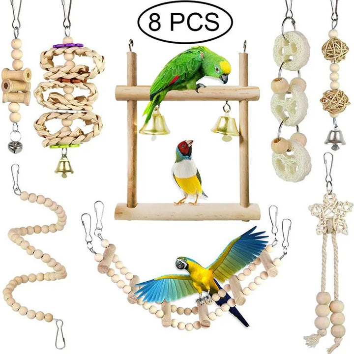 8PCS Complete Parrot Toy Set for Training and Fun with Wood and Bells