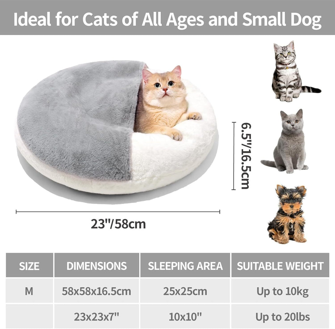 Pet bed with a cat inside, surrounded by small illustrations