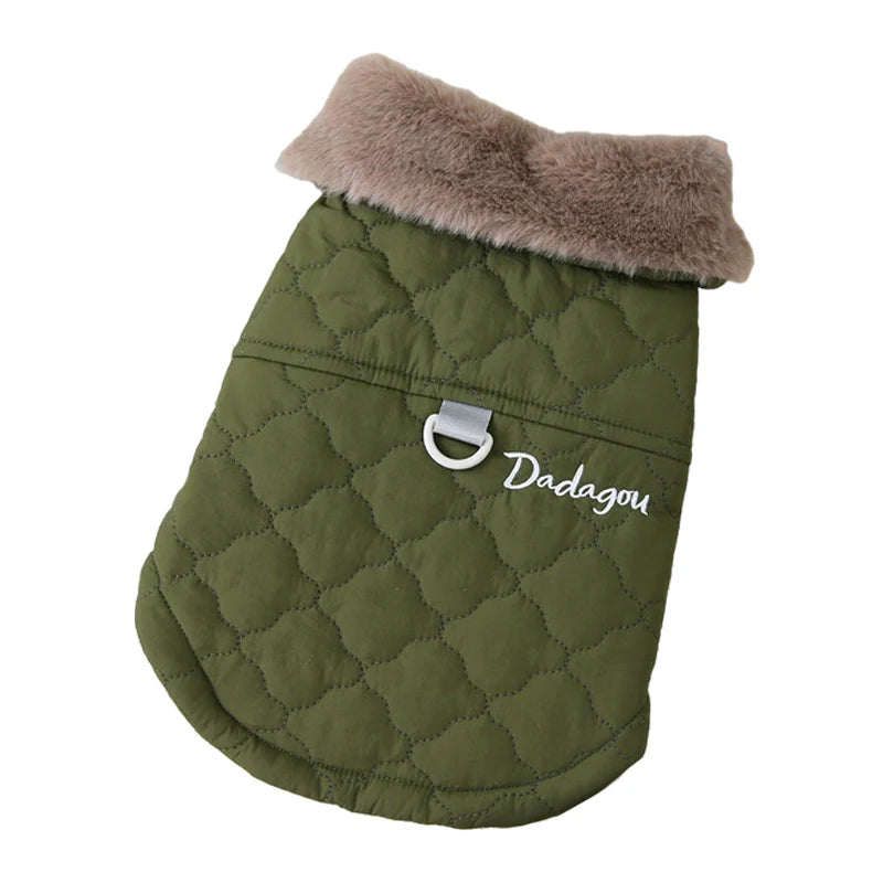 A Green Color Fur Collar Dog Jacket for Puppies