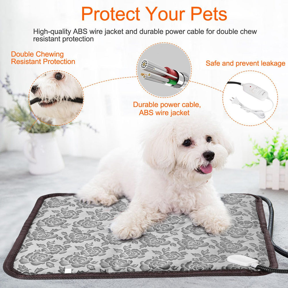 Adjustable temperature pet warming mat with chew-resistant cord