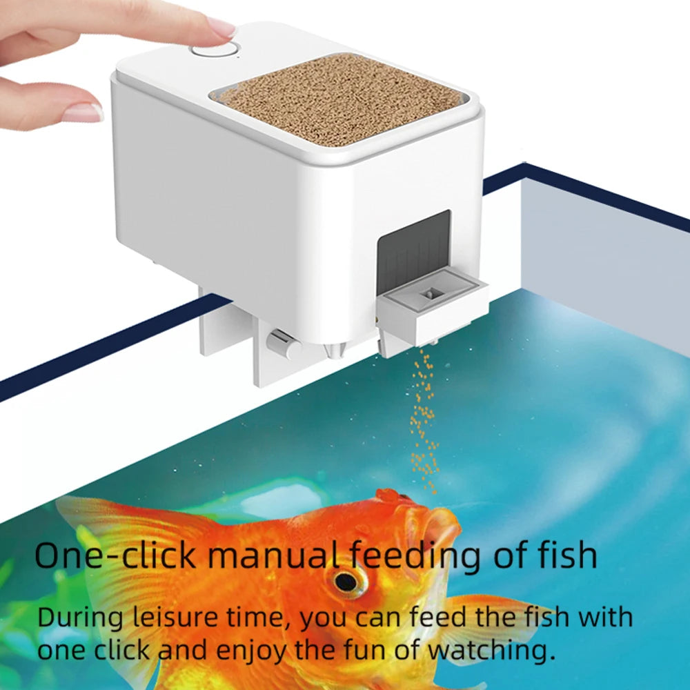 App-controlled aquarium fish feeder with 100ml capacity.