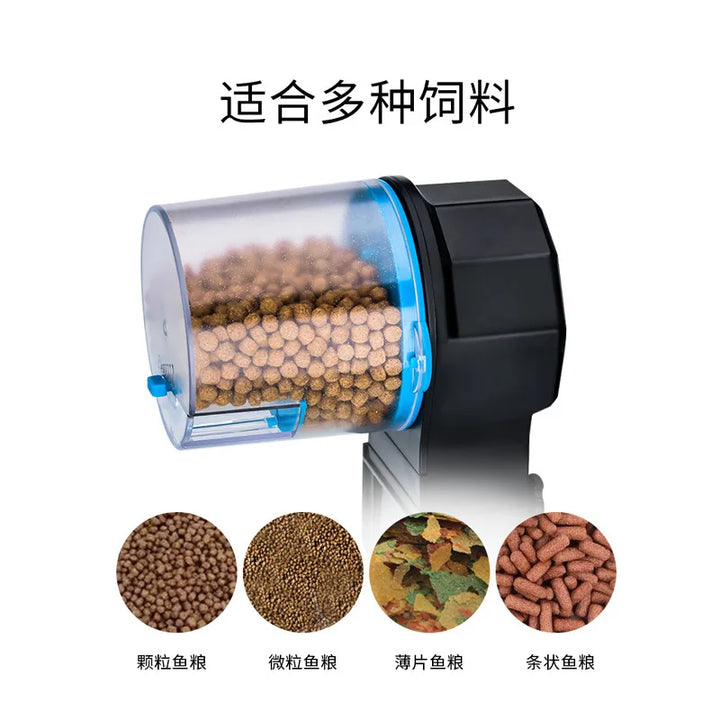 Aquarium fish feeder with programmable feeding schedule.