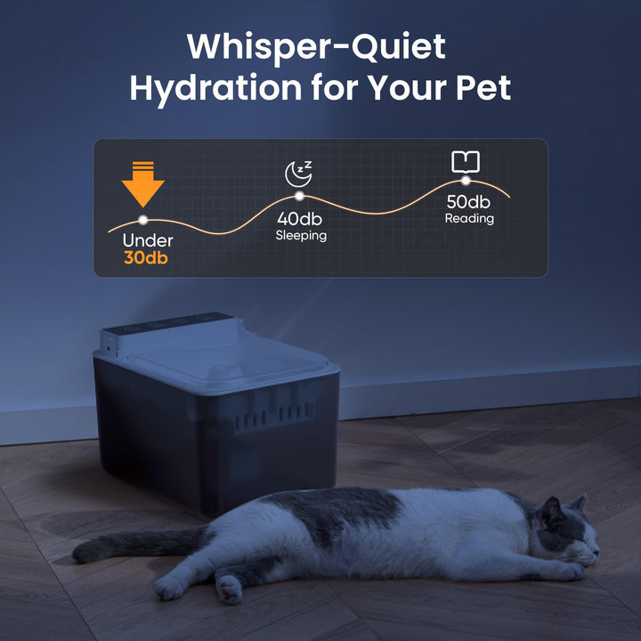 Battery-driven cat water fountain with motion sensor