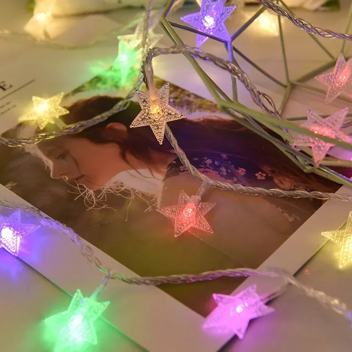 Battery-powered star string lights indoors