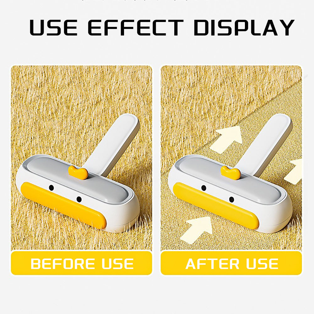 Before and after use comparison of a pet hair removal tool on a carpet