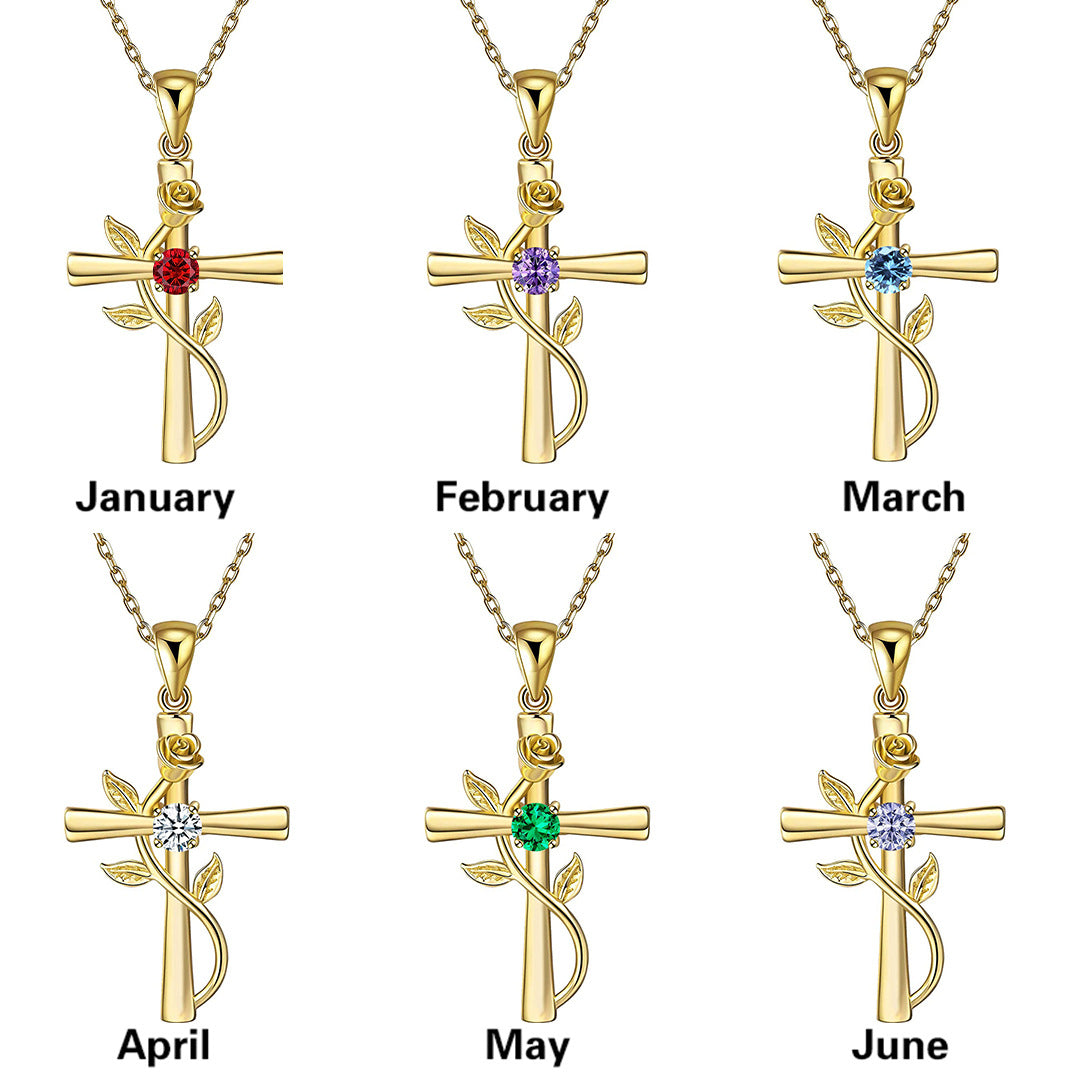 Birth month Rose cross necklace rhinestone pendant 