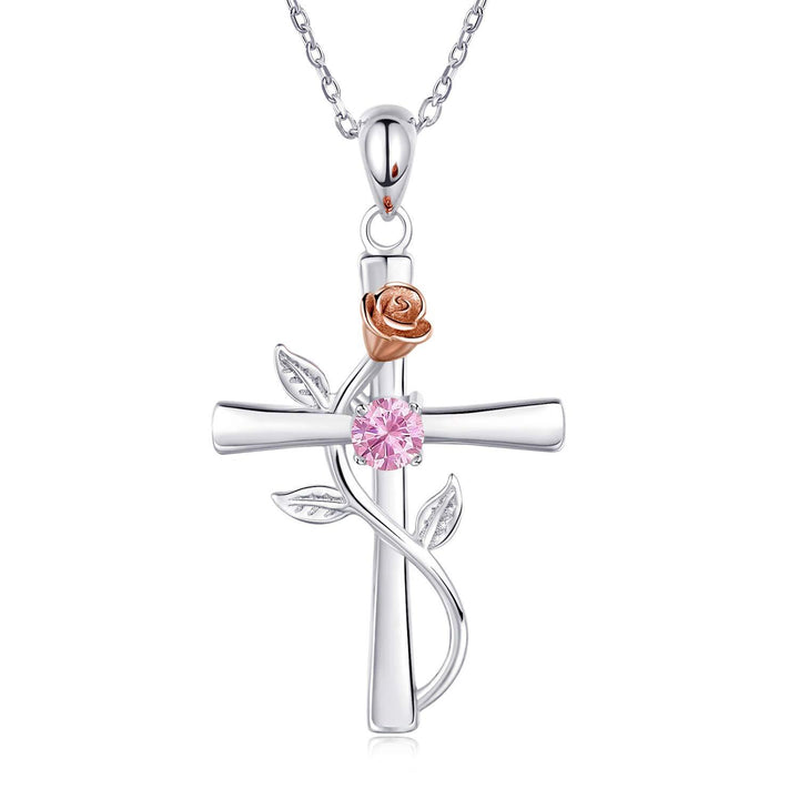 Birthstone pendant rose cross necklace