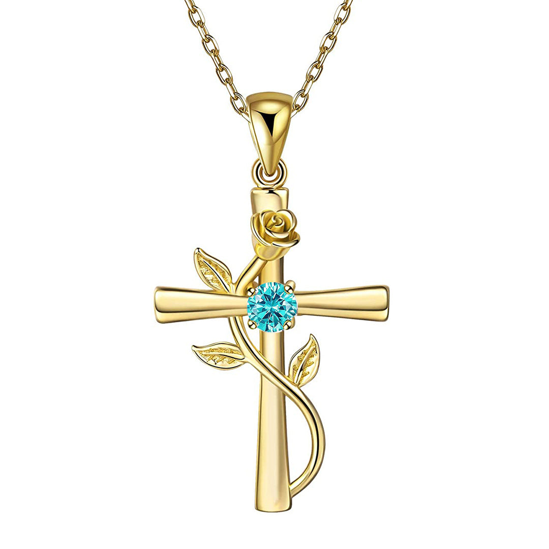 Birthstone rose cross necklace women