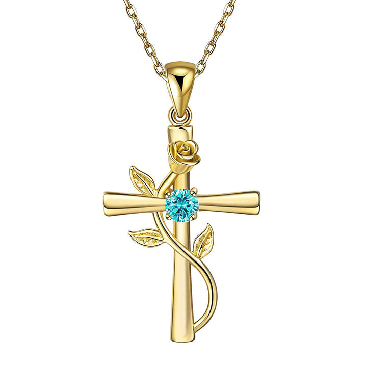 Birthstone rose cross necklace women