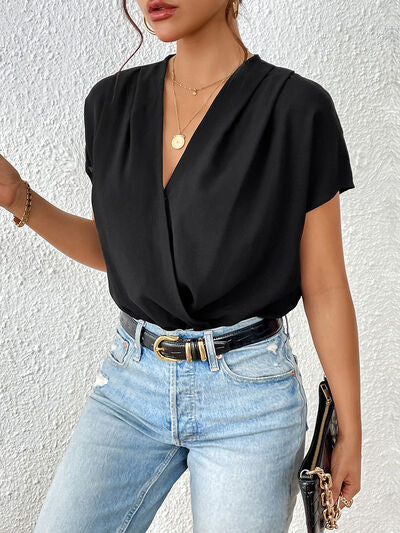 Black Surplice Ruched Bodysuit