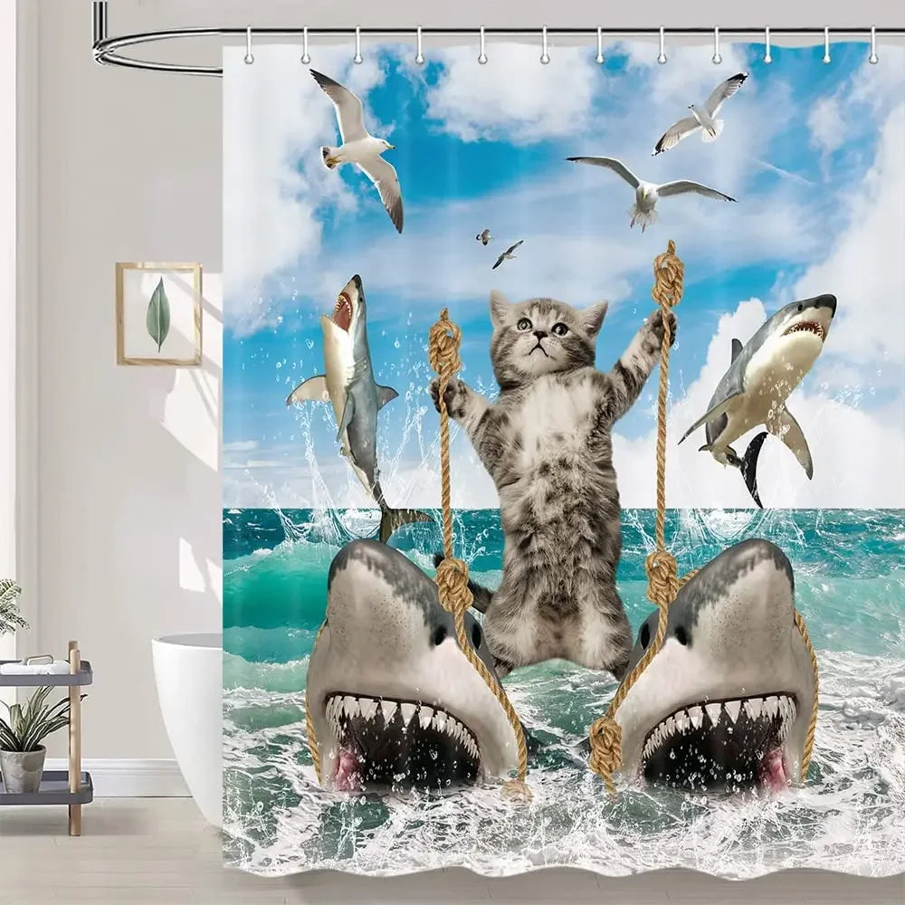 Brave Cat Riding Whale Shower Curtain Set
