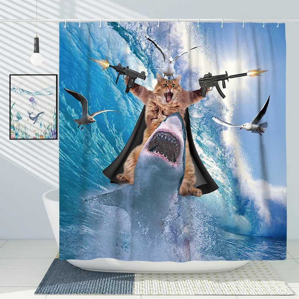 Brave Cat Shower Curtain in Ocean Waves
