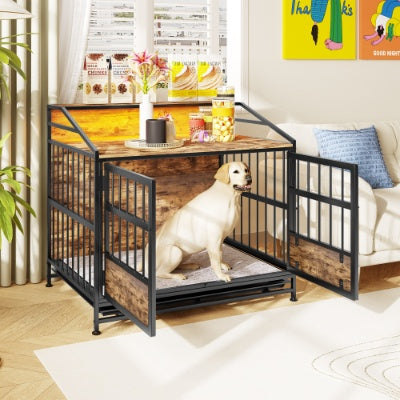 Brown indoor dog kennel with doors