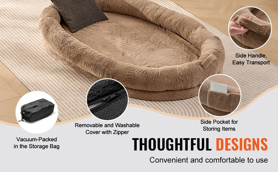 Brown pet bed with features highlighted