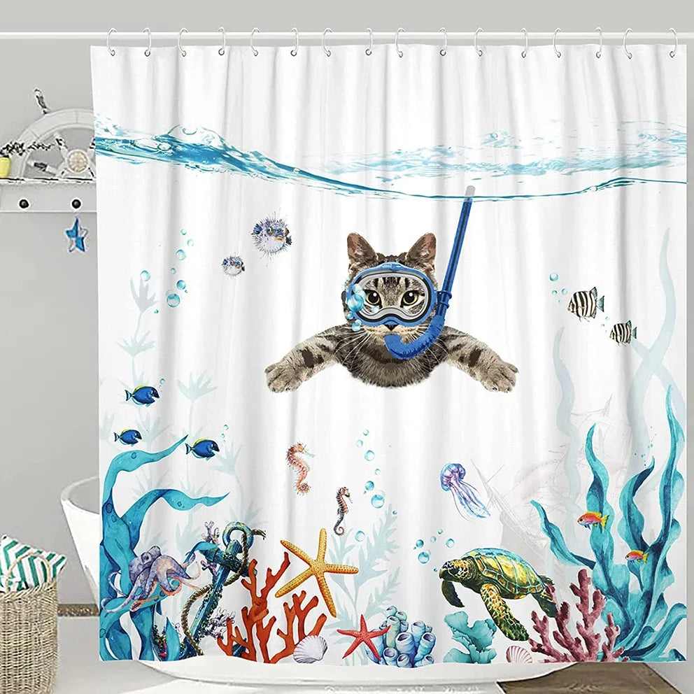 Cat and Shark Ocean Adventure Bathroom Decor
