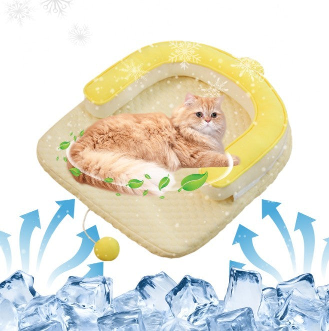 Cat lying in a yellow and white pet bed with cooling function