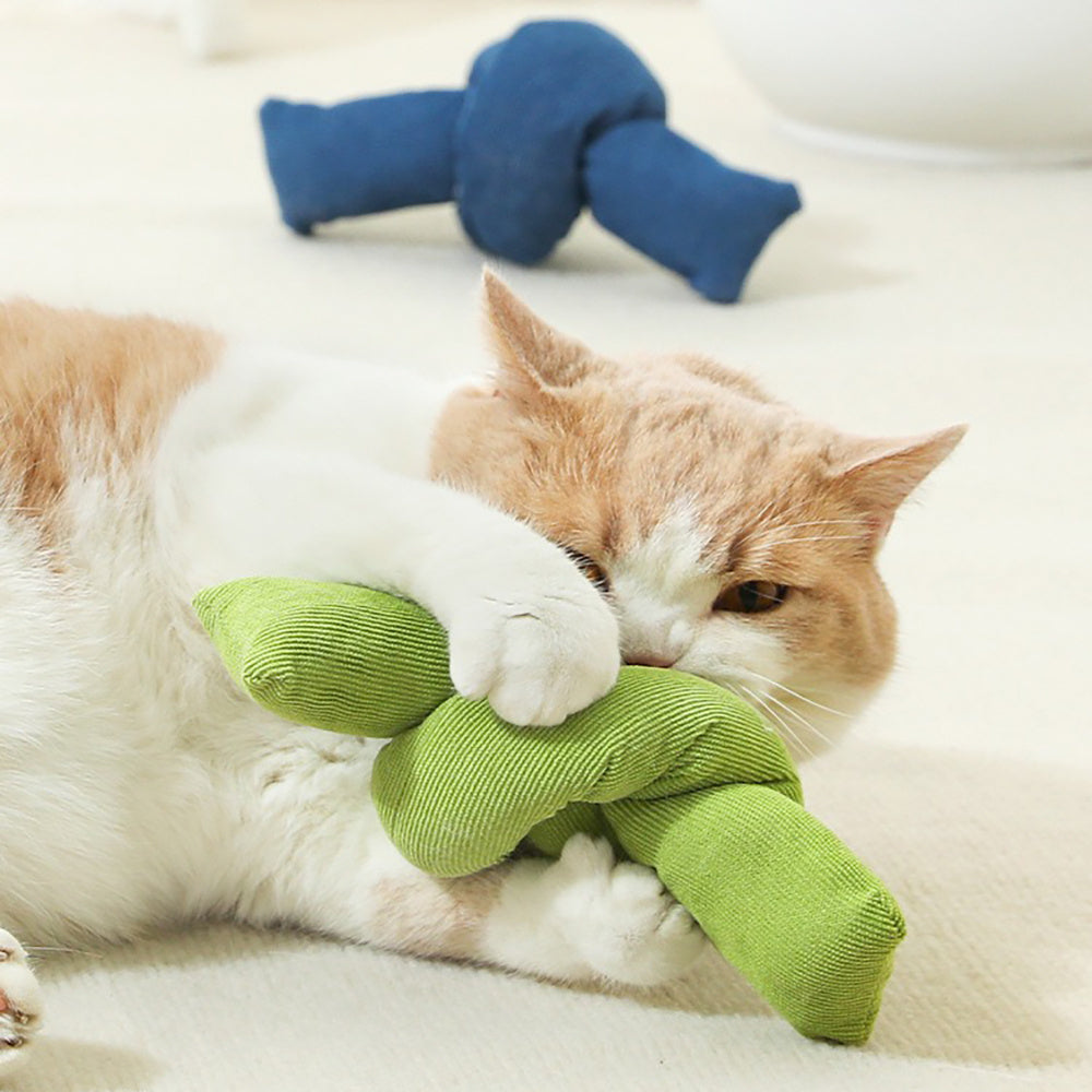 Cat playing with a green knitted toy