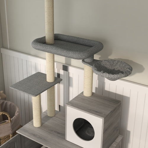Cat tree with multiple platforms and a cylindrical hideout