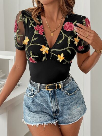 Chic Floral Embroidered Bodysuit