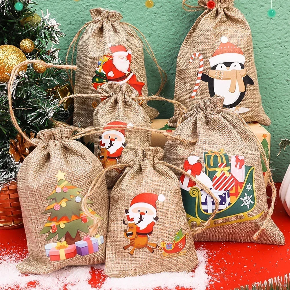 Christmas linen drawstring gift bags