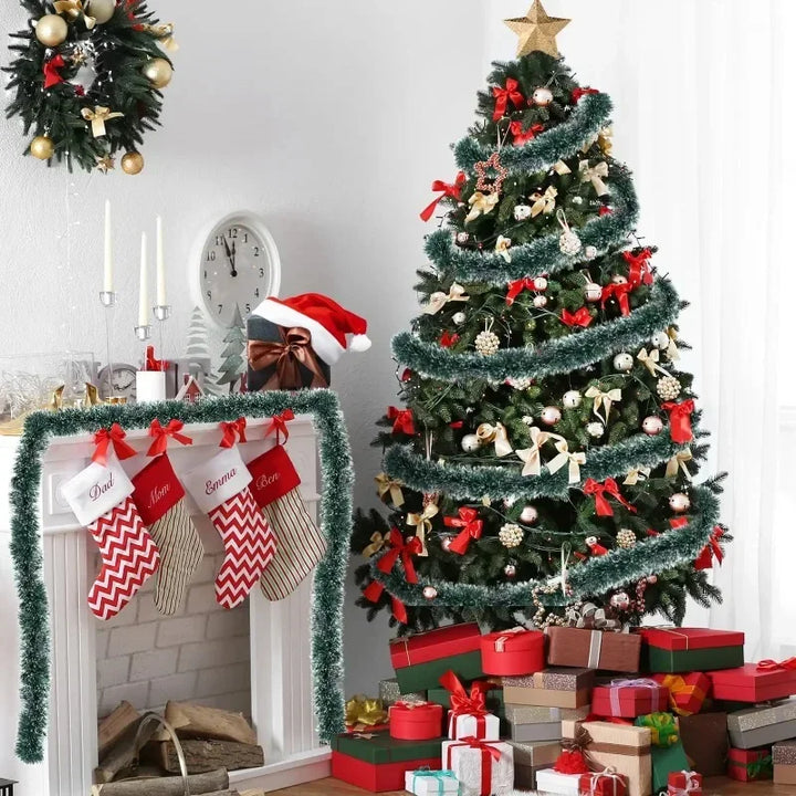 Christmas tree garland with green tinsel ribbons