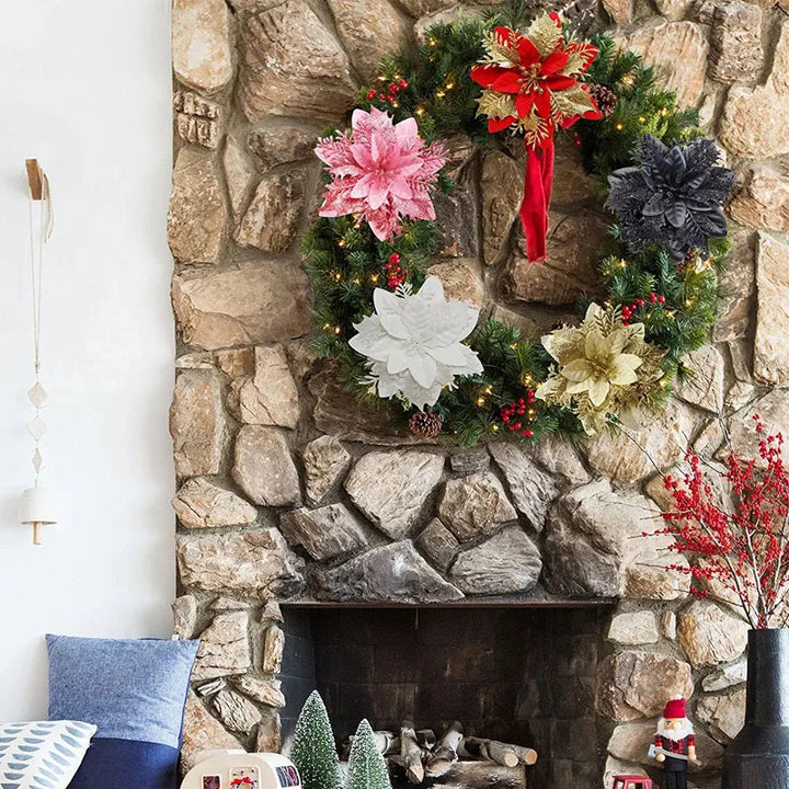 Christmas tree with glitter poinsettia flowers