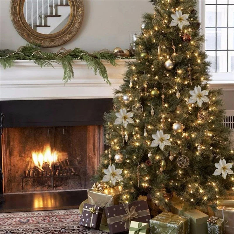 Christmas tree with glitter poinsettia flowers