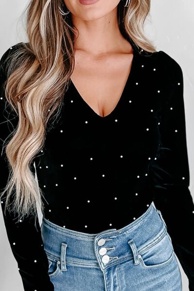 Classic Pearl Detail Velvet V-Neck Bodysuit