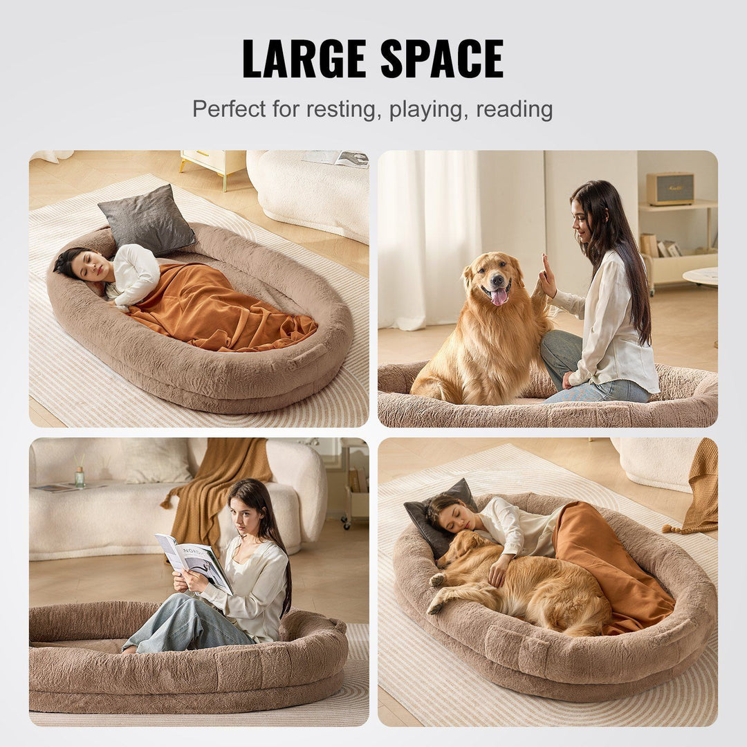 Collage of a large pet bed being used by a woman and Dog