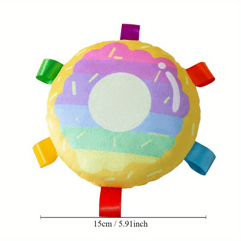 Colorful donut shaped toy with tags